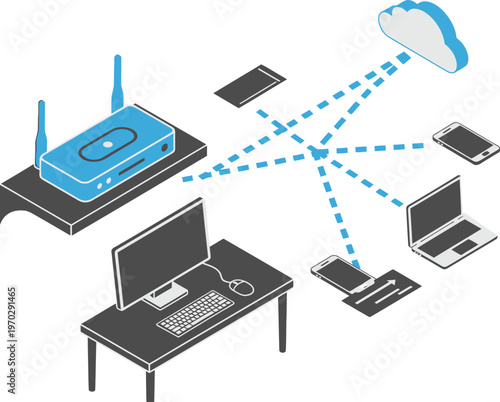 Isometric cloud computing network concept with blue wi-fi router connecting to desktop computer and smartphone.