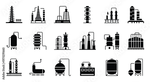 Black and white chemical plant icons, industrial infrastructure silhouettes, minimal vector design, factory and refinery illustration