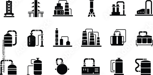 Black and white chemical plant icons, industrial infrastructure silhouettes, minimal vector design, factory and refinery illustration