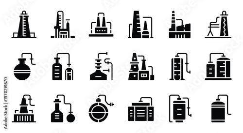 Black and white chemical plant icons, industrial infrastructure silhouettes, minimal vector design, factory and refinery illustration