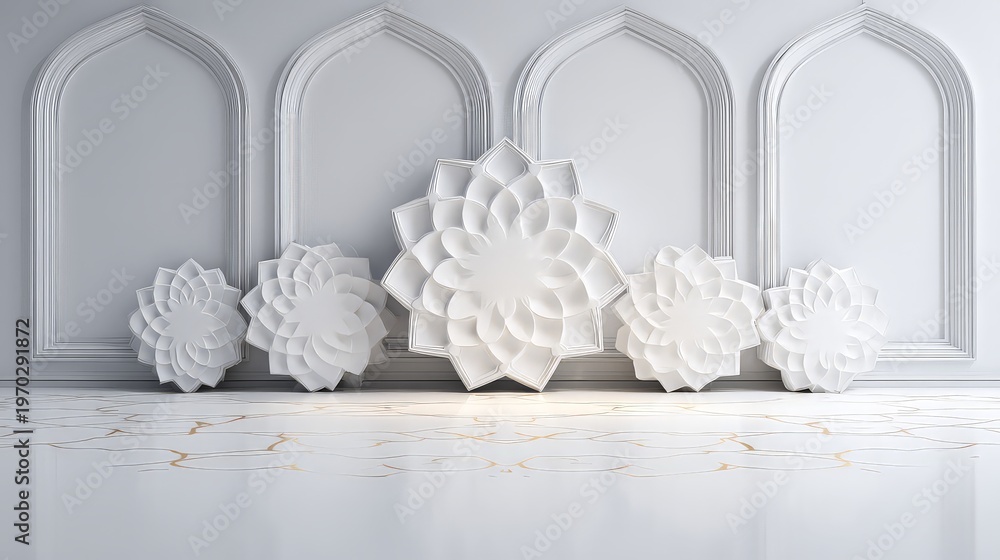 Fototapeta premium Elegant white floral wall decor and architecture.