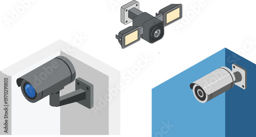 Isometric wall mounted CCTV security camera with bright dual floodlights for outdoor surveillance and monitoring.