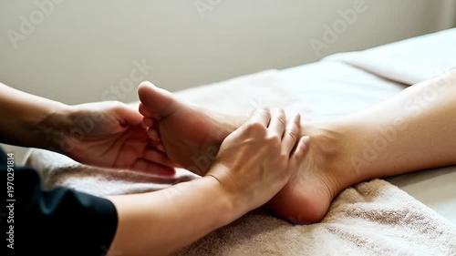 Masseur performing foot massage on the arch of a woman. Professional reflexology session at spa. Holistic wellness treatment for relaxation and pain relief.