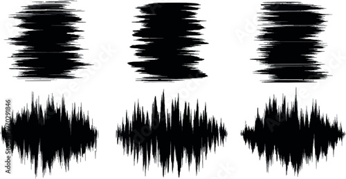 Black abstract brush strokes set with sound wave patterns and grunge ink texture elements.