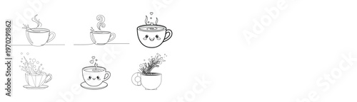 Cute kawaii style outline drawings of happy coffee mugs with smiling faces and messy liquid splashes.
