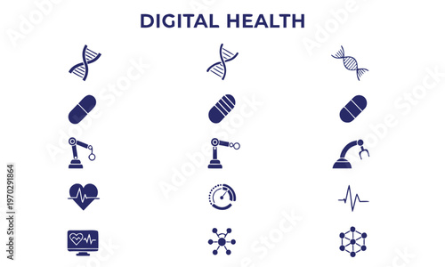 Digital health icon set with 15 vector elements, medical technology symbols for biotechnology and healthcare, navy blue flat icons for science