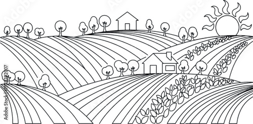 Rural farm landscape line art with rolling hills, cultivated fields, houses, trees, and sun in minimalist style.