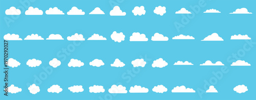 Cloud icon. Big vector set of forty-four white cloud shapes. Nature sky, cloud pattern, fume or misty fog art. Vector illustration.