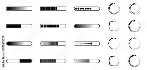 Set of loading spinner  and loading bar icons. Loading animation icons. circular and linear indicators on transparent background. Vector illustration.
