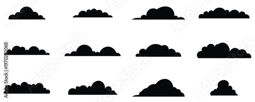 Minimal White Cloud Collection on Blue Background. Simple Weather Cloud Shapes. weather cloud black icons sky clouds set. Vector illustration.