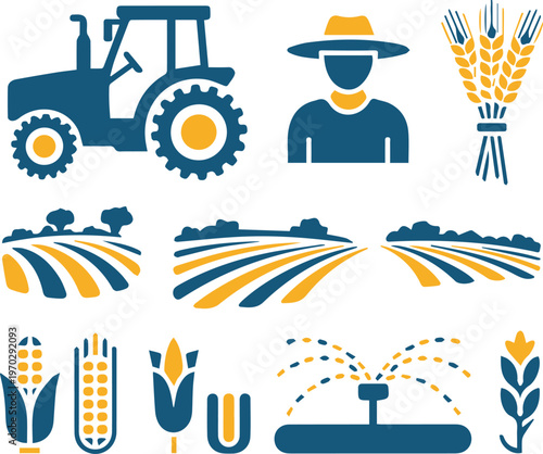 Agriculture and Farming Icon Set with Tractor, Farmer, Wheat, and Field Landscapes