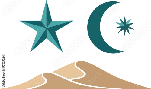 Islamic desert landscape with sand dunes, crescent moon, and stars in minimalist flat style.