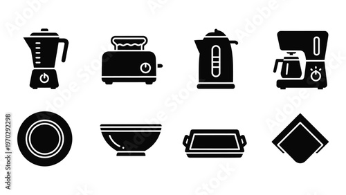 A collection of kitchen appliances and dishware are depicted in a minimalist black style silhouette high quality professional detailed modern elegant