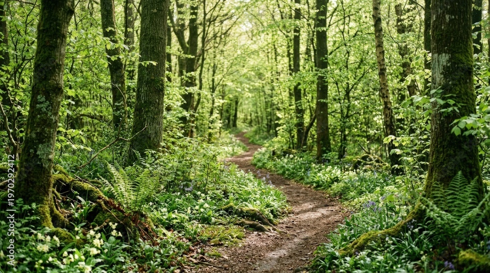 Fototapeta premium Tranquil Forest Path Through Lush Green Woodland for Peaceful Nature Walk
