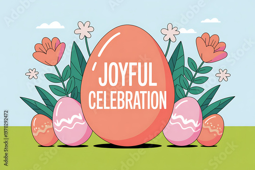 Children celebrate Easter with decorated eggs and flowers in a sunny meadow