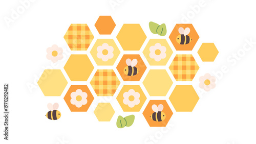 Honeycombs with cute bees and flowers. Perfect for kids design, packaging, nursery decor, organic products branding and educational materials. Flat vector illustration