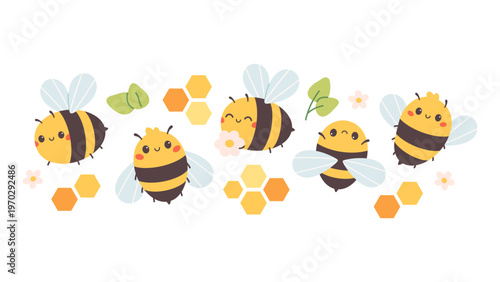 Cute bees characters with honeycombs and flowers. Spring garden pollinator. Perfect for kids design, nursery decor, organic products branding and educational materials. Flat vector illustration