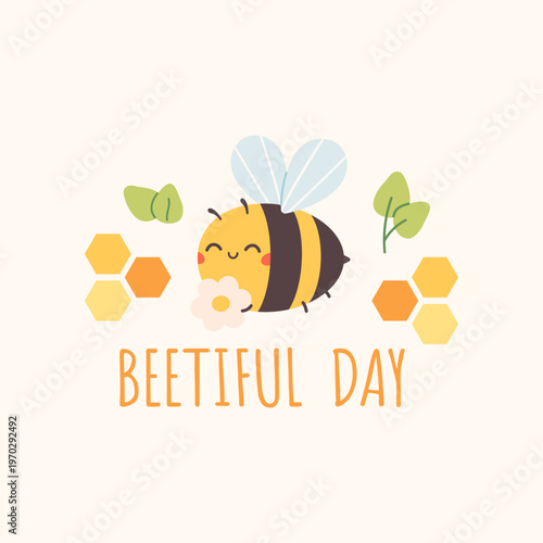 Cute greeting card with bee character, honeycombs, and leaves. Spring garden pollinator. Perfect for kids design, nursery decor, organic products branding and educational materials. Flat vector illust