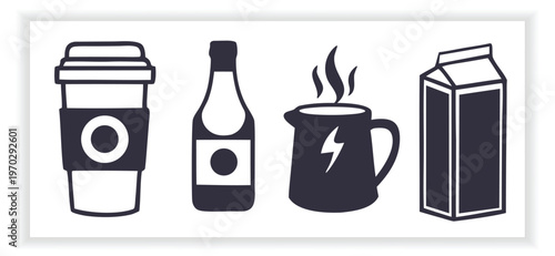 Beverage and Drink Icons Pack with Coffee Cups Bottles and Cocktail Glasses Line Art Style