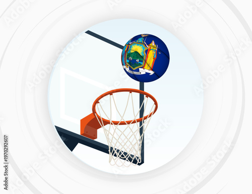 New York Flag Themed Basketball in Motion, Scoring Moment in Basketball Game.