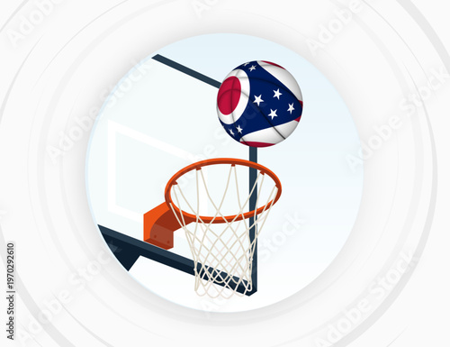 Ohio Flag Themed Basketball in Motion, Scoring Moment in Basketball Game.