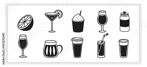 Modern Beverage Icons Collection Including Coffee Tea Juice Soda and Alcohol Drinks Vector Set