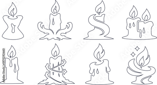 Minimal candle line art icon set, clean outline flame symbols in modern style, perfect for logo design, mobile apps, packaging, aromatherapy, and spiritual branding.