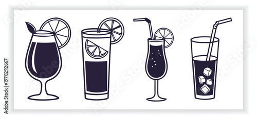  Drink Icon Set with Cocktail Wine Beer Coffee and Juice Glasses Minimal Vector