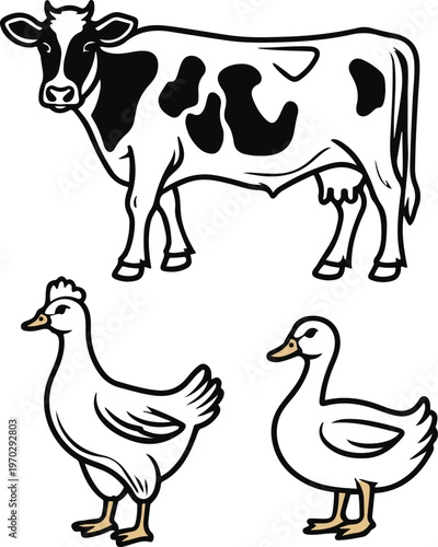 Livestock Line Icon Set – Cow, Goat, Chicken Black Outline Vector Icons 1