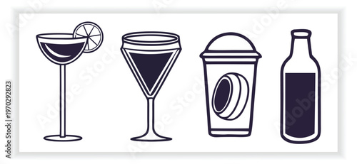 Minimal Drink and Beverage Icon Set with Coffee Cup Cocktail Glass and Bottle Vector Collection