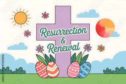 Easter celebration with cross and decorated eggs in a sunny landscape