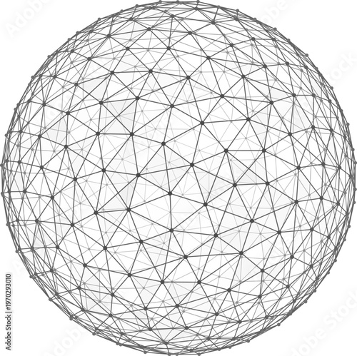 Dense wireframe geometric sphere made of triangulated lines as an abstract isolated vector element