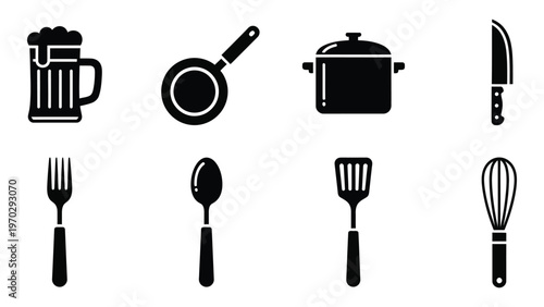 A collection of black kitchen tools and utensils including a mug cookware and cutlery presented as a silhouette high quality professional