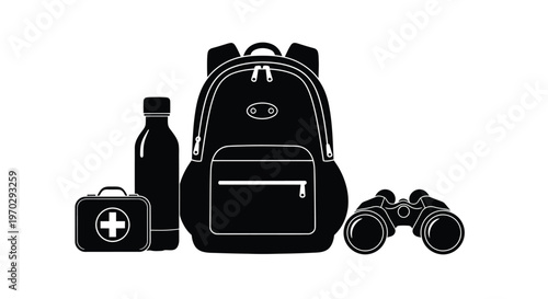 Travel essentials including backpack water bottle first aid kit and binoculars silhouette