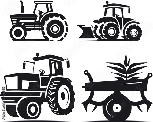 Agriculture machinery icons, tractor, plow, layered vector, easy recolor, black and white base 1
