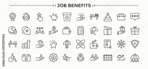 Employee Benefits icon set. Minimal icons pack. Bonus icon set. It contains symbols to employee, assistance, insurance, benefit, bonus, reward and more.