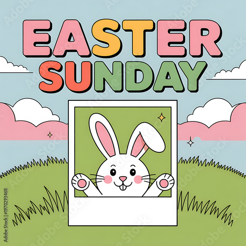 Easter bunny peeking out from photo frame in grassy field on Easter Sunday morning