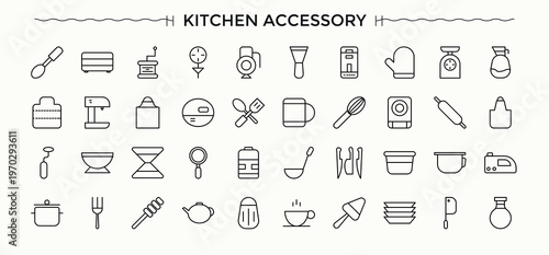 Kitchen Accessory icon set. Featuring tools, tool, kitchenware, equipment, cooking, utensil, cook and more. Minimal linear icons. Vector illustration. Kitchen icon set.