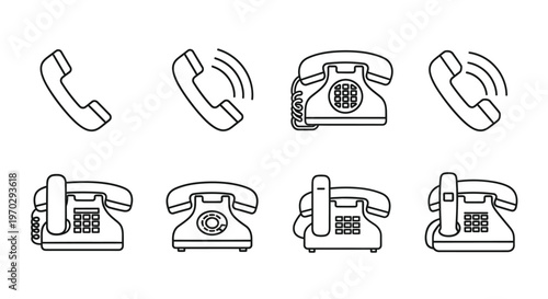 Various line art depictions of vintage telephones and receiver handsets