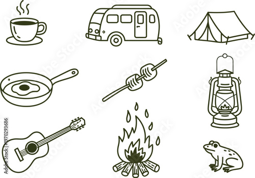Camping icons line art collection on white Keywords: camping, icons, line art, tent, camper van