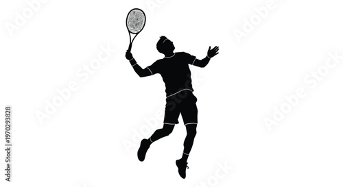 Tennis player in mid swing holding racket and preparing to hit silhouette