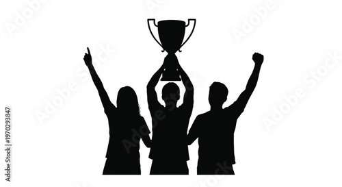 Celebrating victory three people raise hands near a trophy silhouette