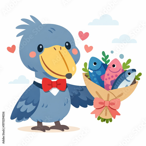Cute cartoon shoebill holding a bouquet of fish on a light background, playful character design, whimsical illustration, humor concept, friendly mascot.