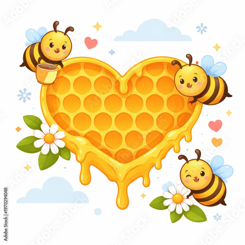Honey dripping heart with bees flying around on a light background, sweet food concept, love and nature theme, cute illustration, romantic symbol, Valentine's Day.