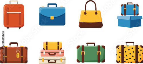 Collection of luggage bags and suitcases in various styles colors and sizes perfect for travel and vacation planning.