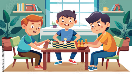Three cheerful young boys enthusiastically playing a game of chess around a wooden table in a bright, friendly room
