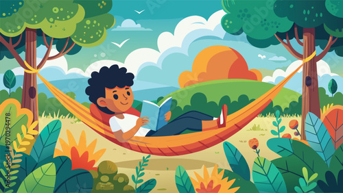 A cheerful boy relaxes in an orange hammock, reading a book amidst lush greenery and a bright, cloudy sky with stylized trees and hills