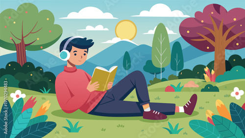 A young boy with headphones on, sitting in a grassy field under a tree, enjoys reading a book with a cup of coffee beside him, against a backdrop of colorful trees and distant mountains