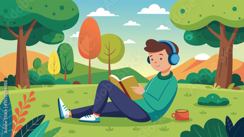 A young boy with headphones on, sitting in a grassy field under a tree, enjoys reading a book with a cup of coffee beside him, against a backdrop of colorful trees and distant mountains