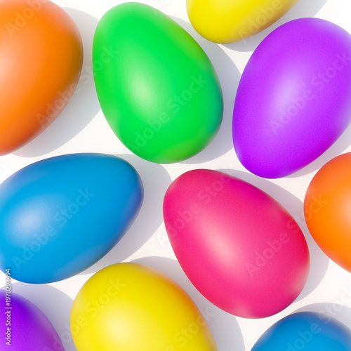 Many Colorful 3D Dyed Easter Eggs with Shadows on White Background Square Orientation Social Media Hi-Res Pink, Orange, Yellow, Green, Blue, Purple Colors